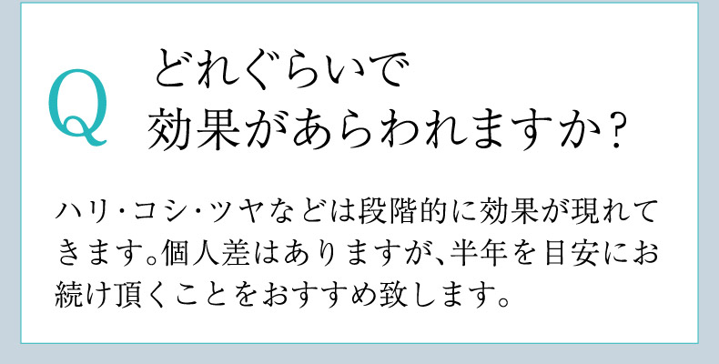 Q.どれぐらいで効果があらわれますか？A.ハリ・コシ・ツヤなどは段階的に効果が現れてきます。個人差はありますが、半年を目安にお続け頂くことをおすすめ致します。